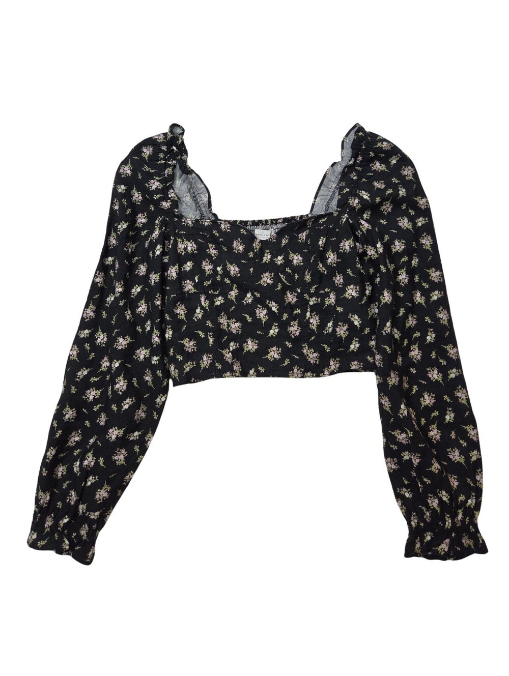 H&M Black Floral Bustier Smocked Top Women S Cropped Linen Puff Sleeve Fairygoth